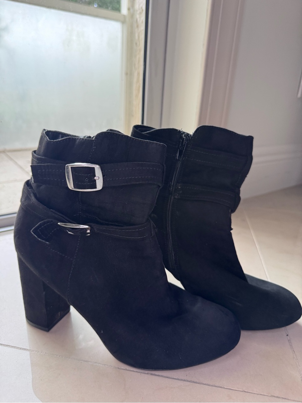 Christian Siriano Black Suede Ankle Booties with Buckle Detail